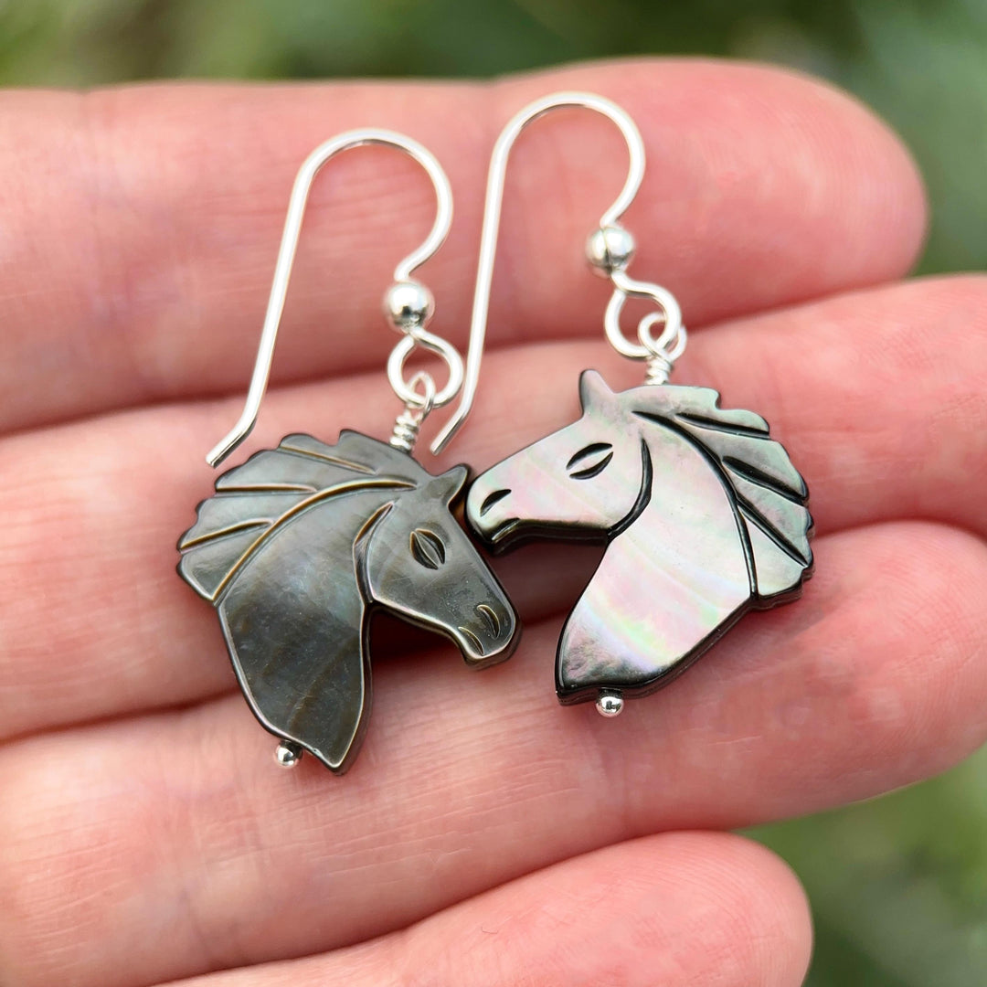 Gray Mother of Pearl Horse Earrings | Sterling Silver Black Lip Oyster Shell| Year of the Horse 2026 | Western Gift for Her - SunlightSilver