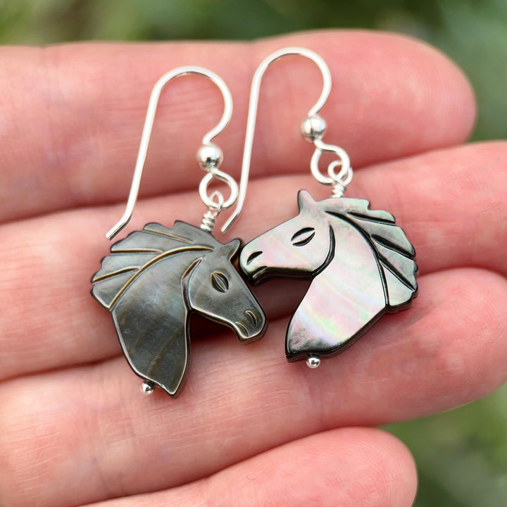 Gray Mother of Pearl Horse Earrings | Sterling Silver Black Lip Oyster Shell| Year of the Horse 2026 | Western Gift for Her - SunlightSilver