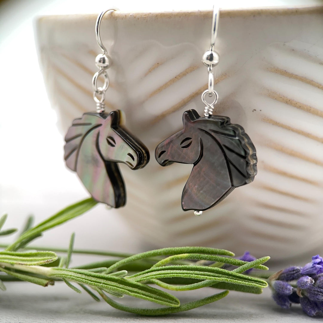 Gray Mother of Pearl Horse Earrings | Sterling Silver Black Lip Oyster Shell| Year of the Horse 2026 | Western Gift for Her - SunlightSilver