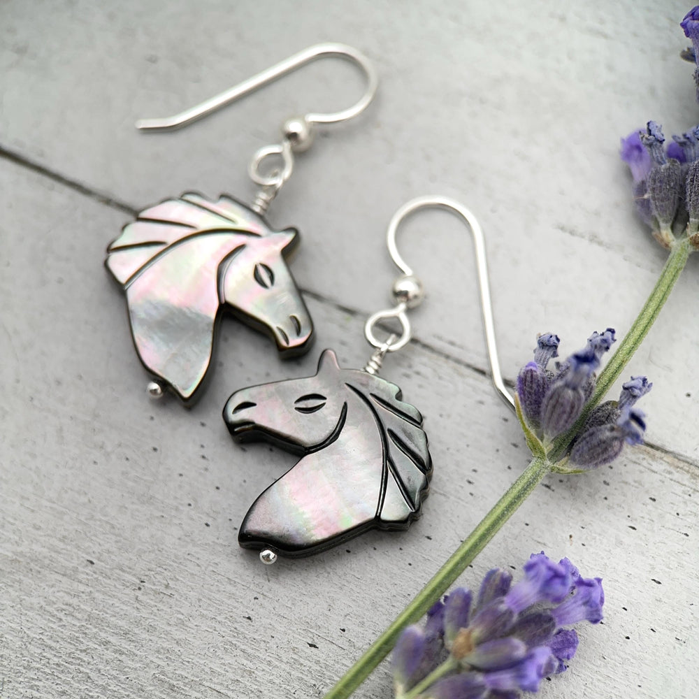 Gray Mother of Pearl Horse Earrings | Sterling Silver Black Lip Oyster Shell| Year of the Horse 2026 | Western Gift for Her - SunlightSilver