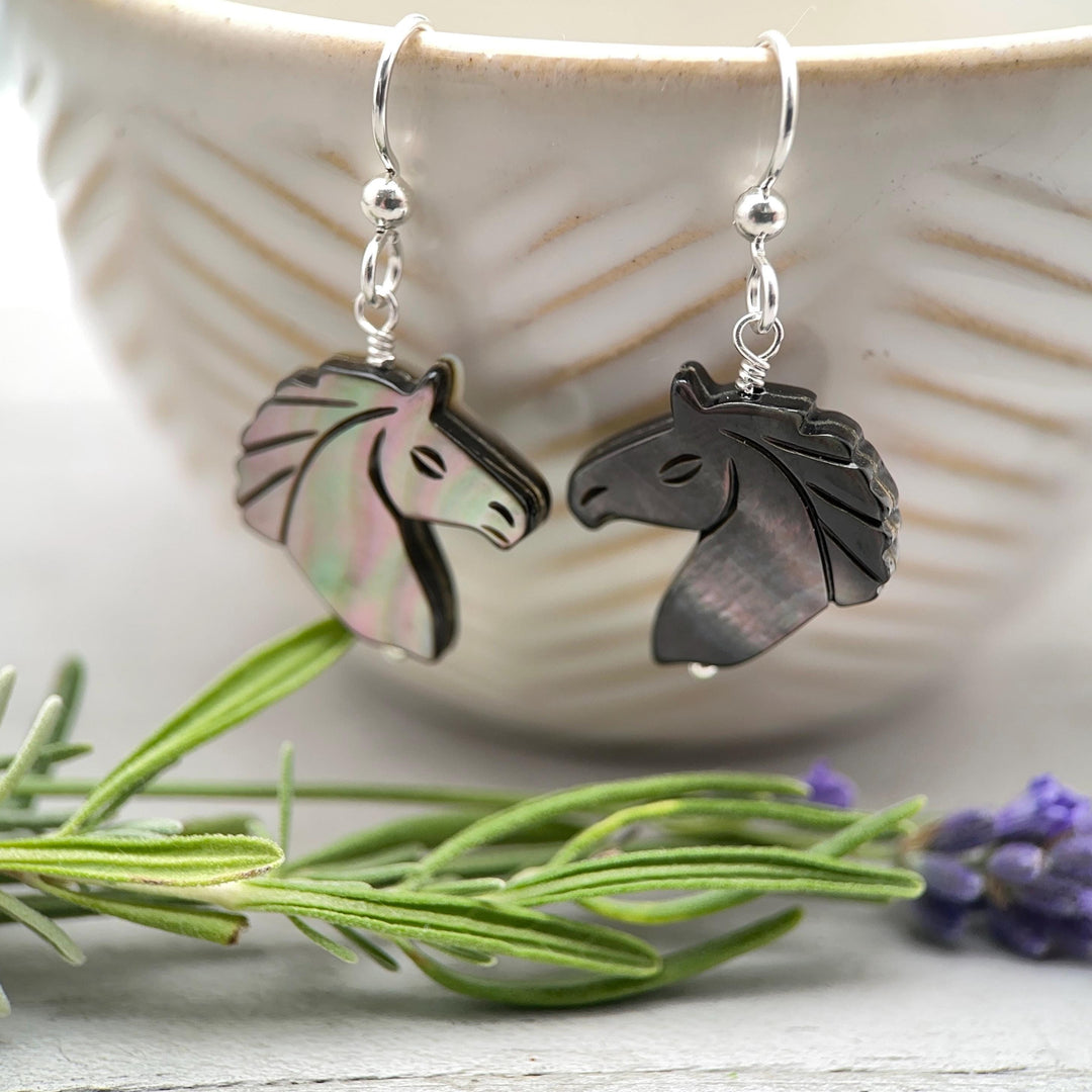 Gray Mother of Pearl Horse Earrings | Sterling Silver Black Lip Oyster Shell| Year of the Horse 2026 | Western Gift for Her - SunlightSilver