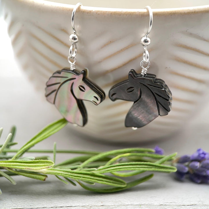 Gray Mother of Pearl Horse Earrings | Sterling Silver Black Lip Oyster Shell| Year of the Horse 2026 | Western Gift for Her - SunlightSilver