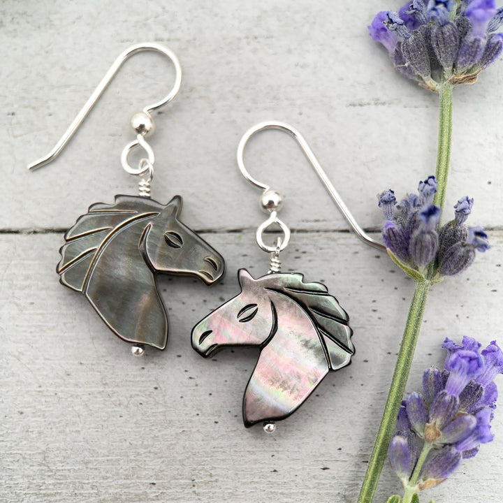 Gray Mother of Pearl Horse Earrings | Sterling Silver Black Lip Oyster Shell| Year of the Horse 2026 | Western Gift for Her - SunlightSilver
