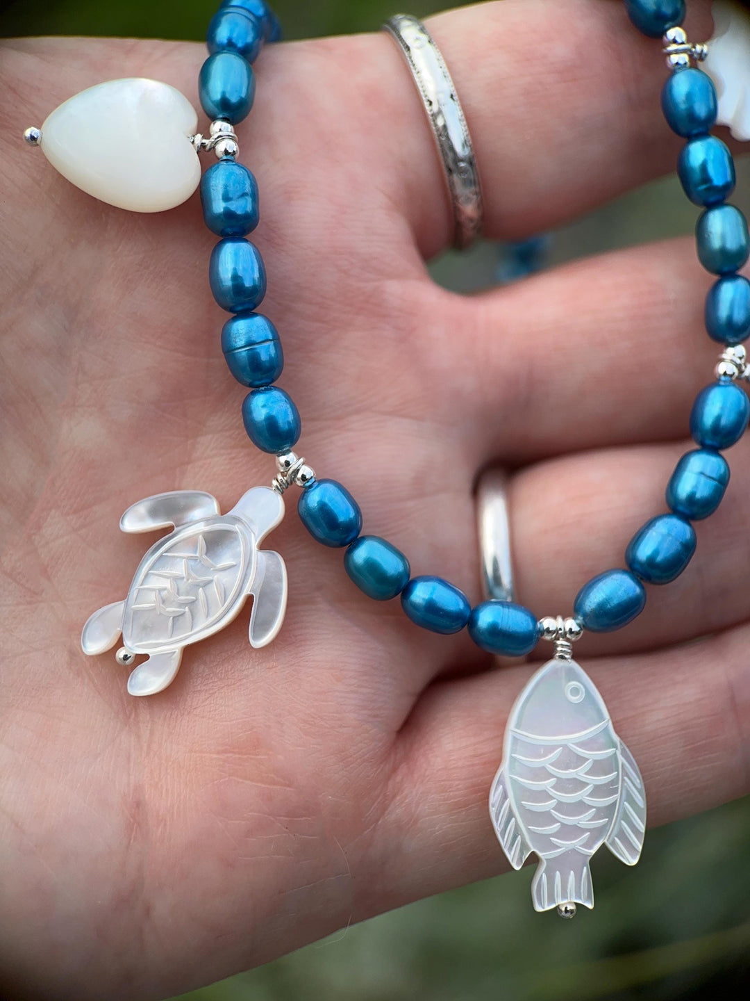 Coastal Charm Necklace, Blue Freshwater Pearls, Sterling Silver, Mother of Pearl Beach Sea Turtle Starfish Shell Jewelry, Ocean Lover Gift - SunlightSilver