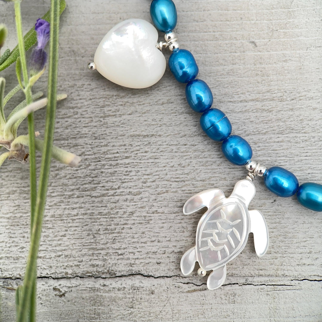 Coastal Charm Necklace, Blue Freshwater Pearls, Sterling Silver, Mother of Pearl Beach Sea Turtle Starfish Shell Jewelry, Ocean Lover Gift - SunlightSilver