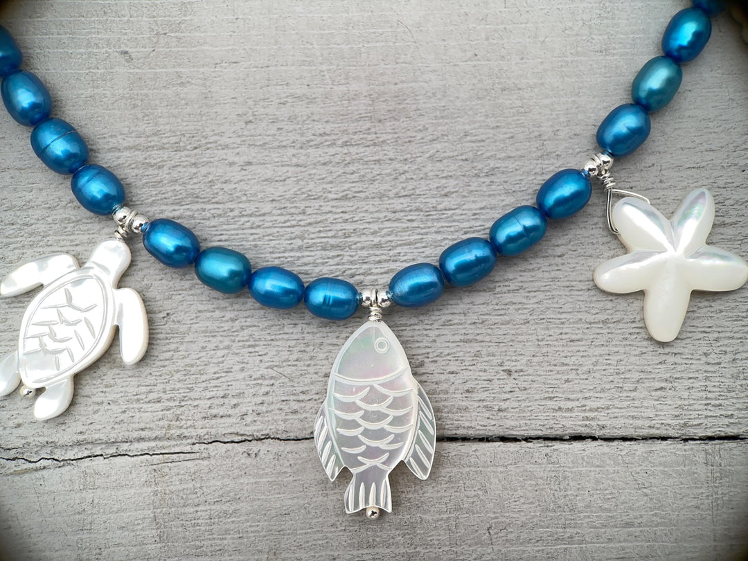 Coastal Charm Necklace, Blue Freshwater Pearls, Sterling Silver, Mother of Pearl Beach Sea Turtle Starfish Shell Jewelry, Ocean Lover Gift - SunlightSilver