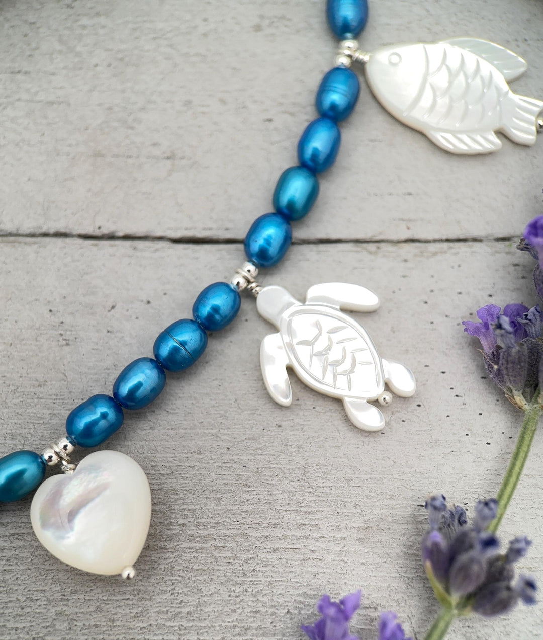 Coastal Charm Necklace, Blue Freshwater Pearls, Sterling Silver, Mother of Pearl Beach Sea Turtle Starfish Shell Jewelry, Ocean Lover Gift - SunlightSilver