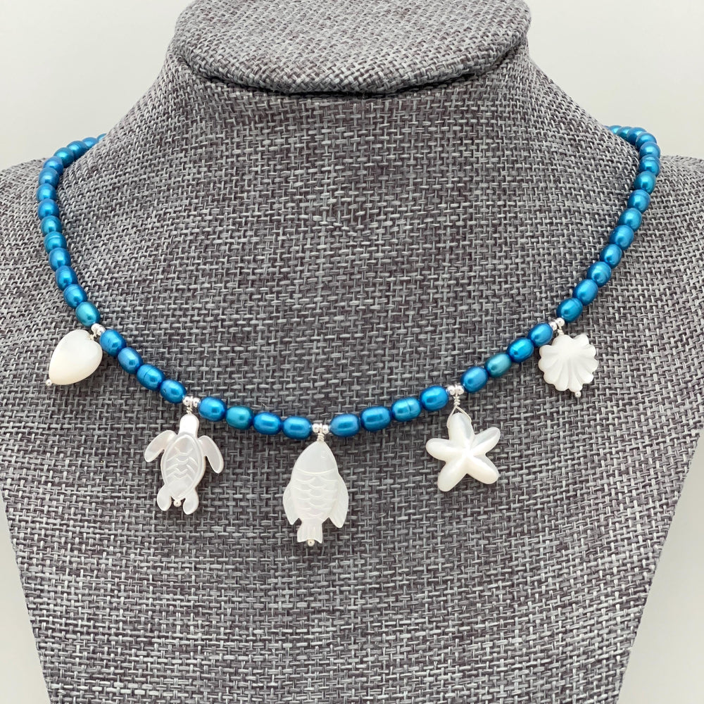 Coastal Charm Necklace, Blue Freshwater Pearls, Sterling Silver, Mother of Pearl Beach Sea Turtle Starfish Shell Jewelry, Ocean Lover Gift - SunlightSilver