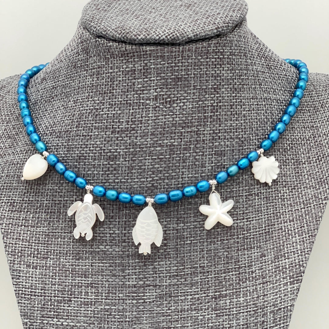 Coastal Charm Necklace, Blue Freshwater Pearls, Sterling Silver, Mother of Pearl Beach Sea Turtle Starfish Shell Jewelry, Ocean Lover Gift - SunlightSilver