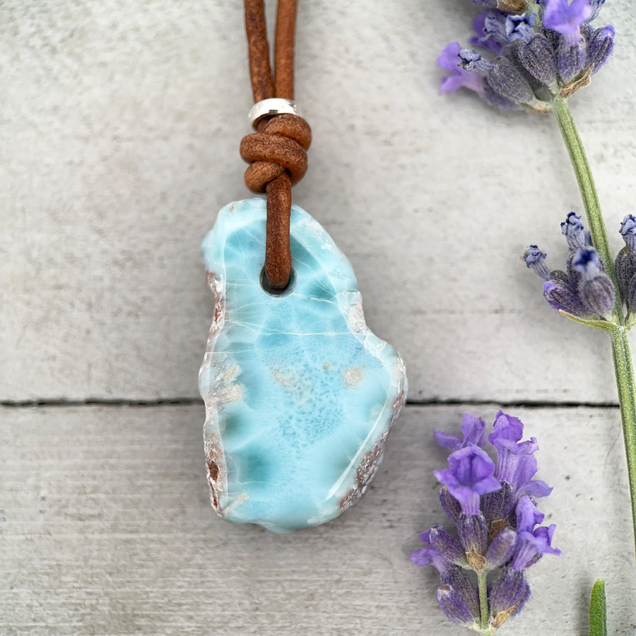 Larimar Star Necklace - Genuine Larimar Pendant, Leather Necklace, Blue Larimar Jewelry, Ocean Inspired Gift - SunlightSilver