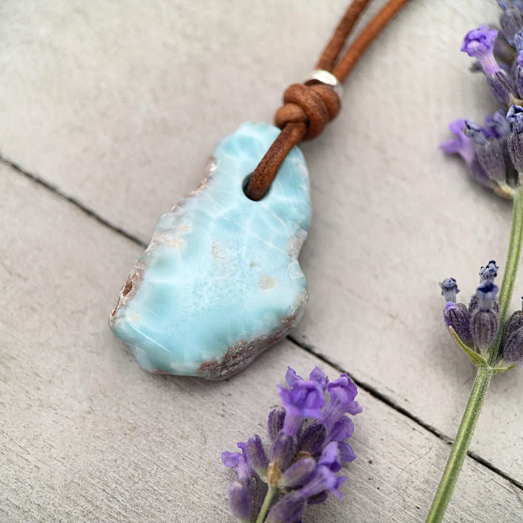 Larimar Star Necklace - Genuine Larimar Pendant, Leather Necklace, Blue Larimar Jewelry, Ocean Inspired Gift - SunlightSilver