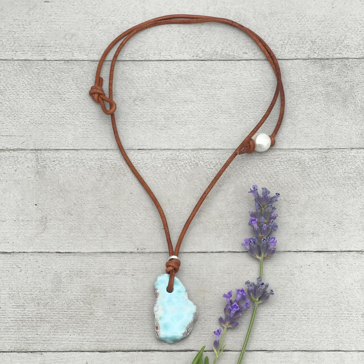 Larimar Star Necklace - Genuine Larimar Pendant, Leather Necklace, Blue Larimar Jewelry, Ocean Inspired Gift - SunlightSilver
