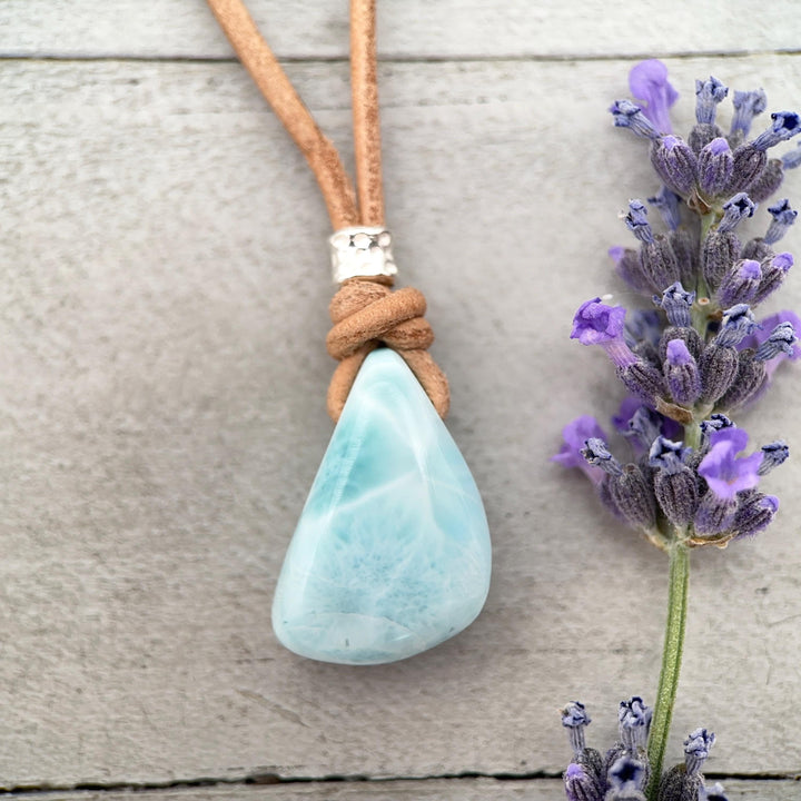 Larimar Crystal Pendant Necklace | Sterling Silver, White Freshwater Pearls, and Rustic Brown Leather Necklace - SunlightSilver