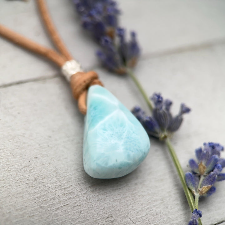 Larimar Crystal Pendant Necklace | Sterling Silver, White Freshwater Pearls, and Rustic Brown Leather Necklace - SunlightSilver