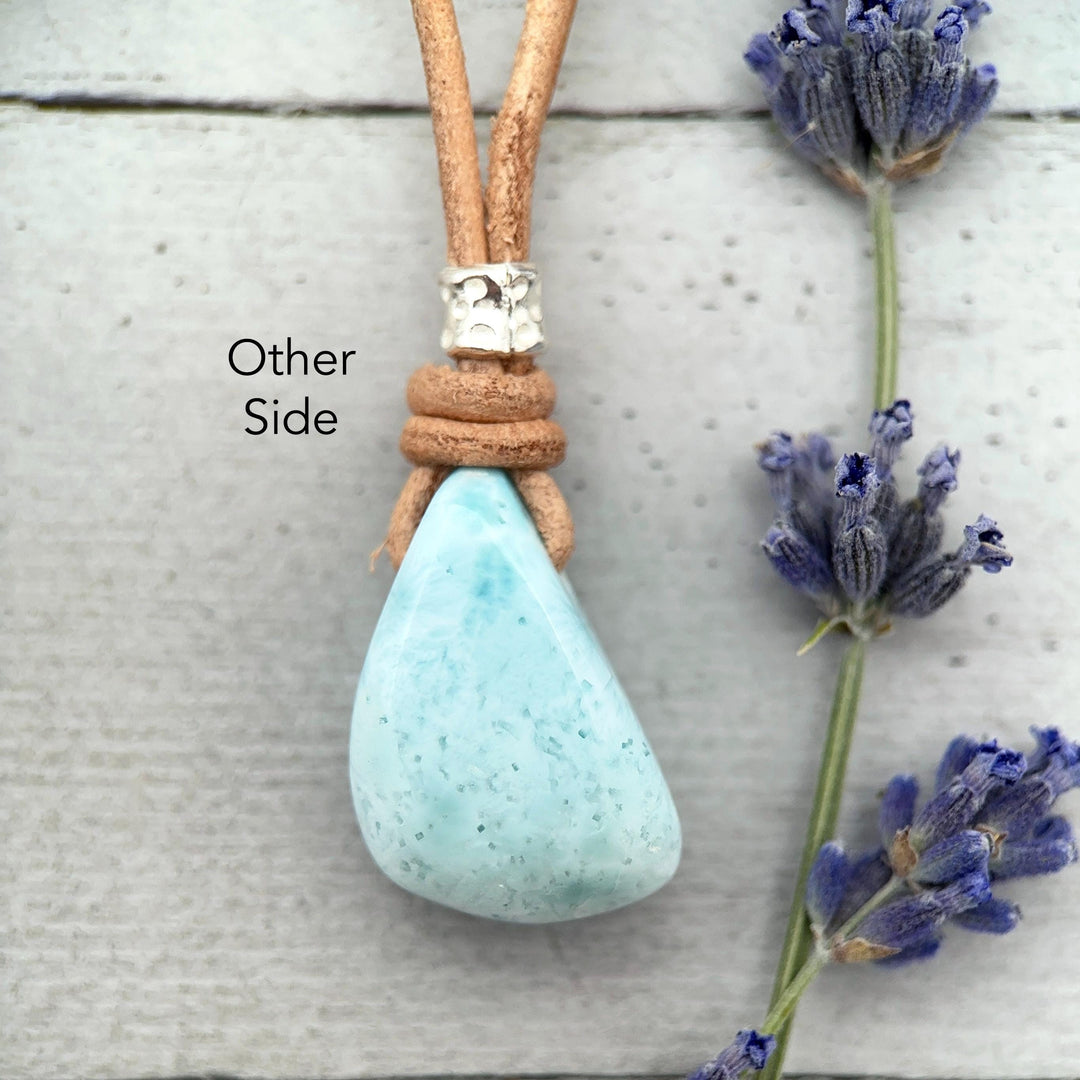 Larimar Crystal Pendant Necklace | Sterling Silver, White Freshwater Pearls, and Rustic Brown Leather Necklace - SunlightSilver