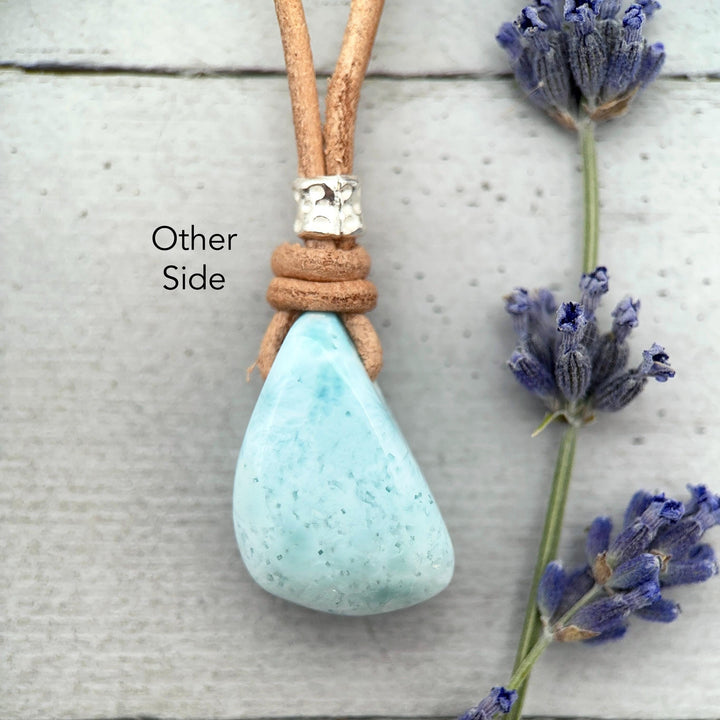 Larimar Crystal Pendant Necklace | Sterling Silver, White Freshwater Pearls, and Rustic Brown Leather Necklace - SunlightSilver