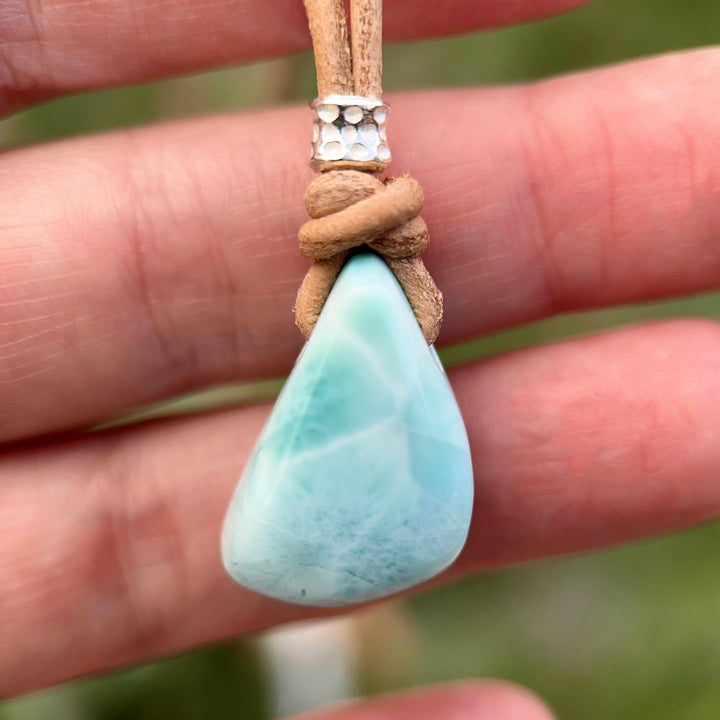 Larimar Crystal Pendant Necklace | Sterling Silver, White Freshwater Pearls, and Rustic Brown Leather Necklace - SunlightSilver