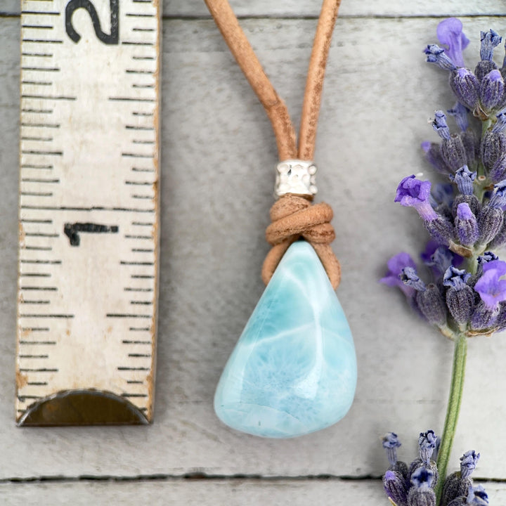 Larimar Crystal Pendant Necklace | Sterling Silver, White Freshwater Pearls, and Rustic Brown Leather Necklace - SunlightSilver