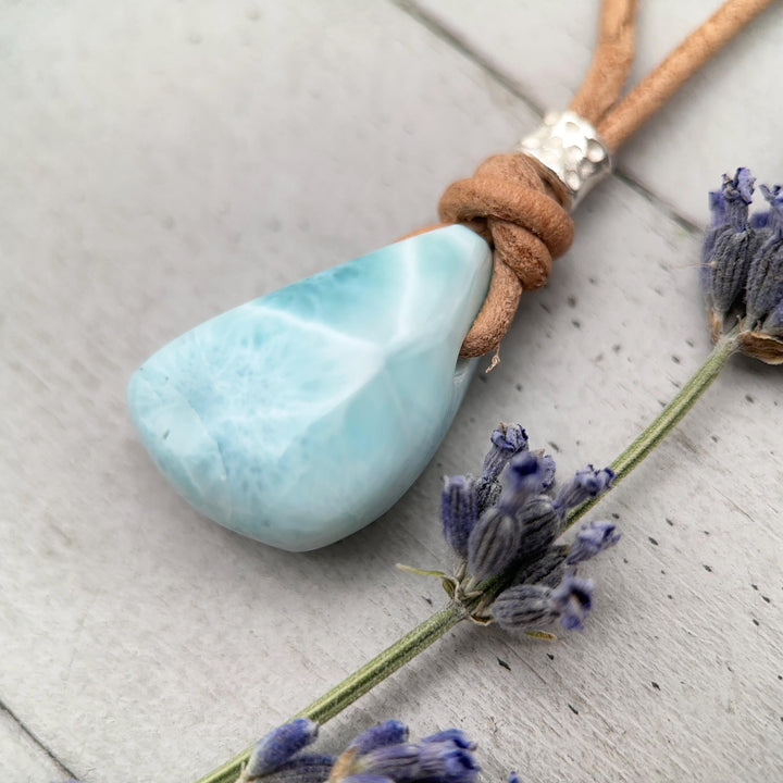 Larimar Crystal Pendant Necklace | Sterling Silver, White Freshwater Pearls, and Rustic Brown Leather Necklace - SunlightSilver