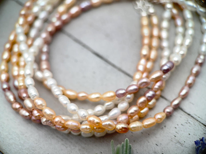 Multicolor Freshwater Pearl Necklace - Sterling Silver, Pink Peach White Pearl Jewelry, Baroque Rice Layering Necklace, Gift for Her - SunlightSilver