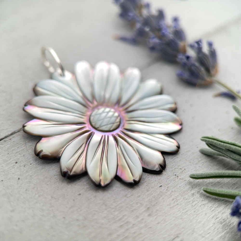 Peacock Abalone Paua Shell Flower Pendant Necklace – Solid 925 Sterling Silver – Large 2 Inch - Rainbow Colorful Carved Daisy - Coastal Boho - SunlightSilver