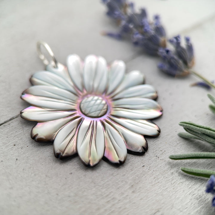 Peacock Abalone Paua Shell Flower Pendant Necklace – Solid 925 Sterling Silver – Large 2 Inch - Rainbow Colorful Carved Daisy - Coastal Boho - SunlightSilver