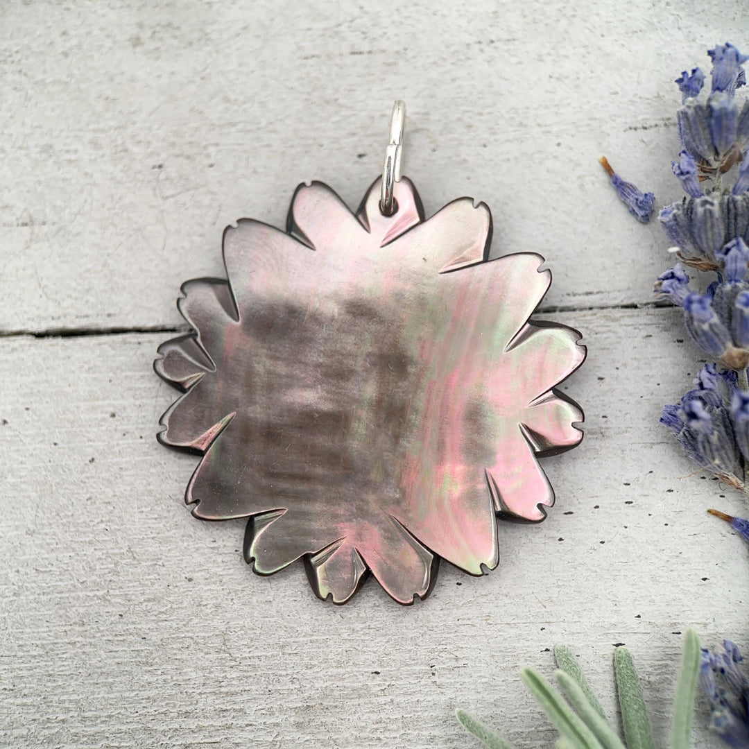Black Lip Oyster Shell Flower Pendant, Sterling Silver Daisy Pendant, Hand Carved Shell Necklace Pendant, Coastal Jewelry - SunlightSilver