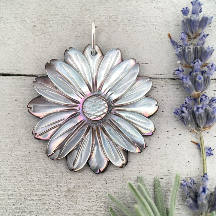 Peacock Abalone Paua Shell Flower Pendant Necklace – Solid 925 Sterling Silver – Large 2 Inch - Rainbow Colorful Carved Daisy - Coastal Boho - SunlightSilver