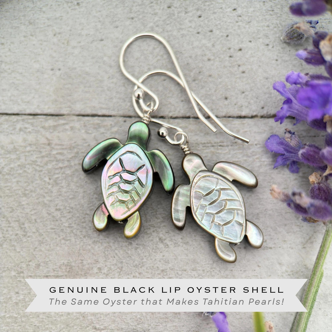 Black Mother of Pearl Sea Turtle and Sterling Silver Earrings - Black Lipped Oyster Shell Tortuga Jewelry - SunlightSilver