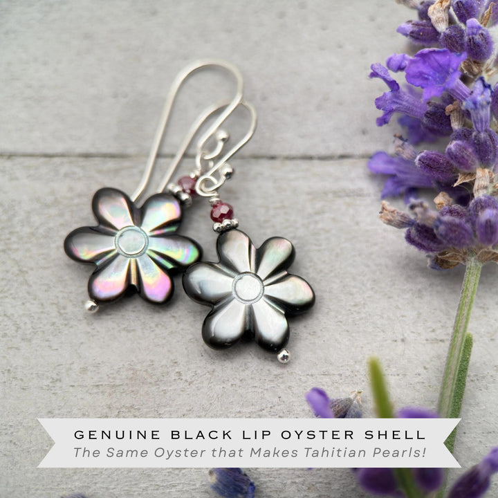 Black Lip Oyster Shell Daisy Flower and Sterling Silver Earrings - SunlightSilver