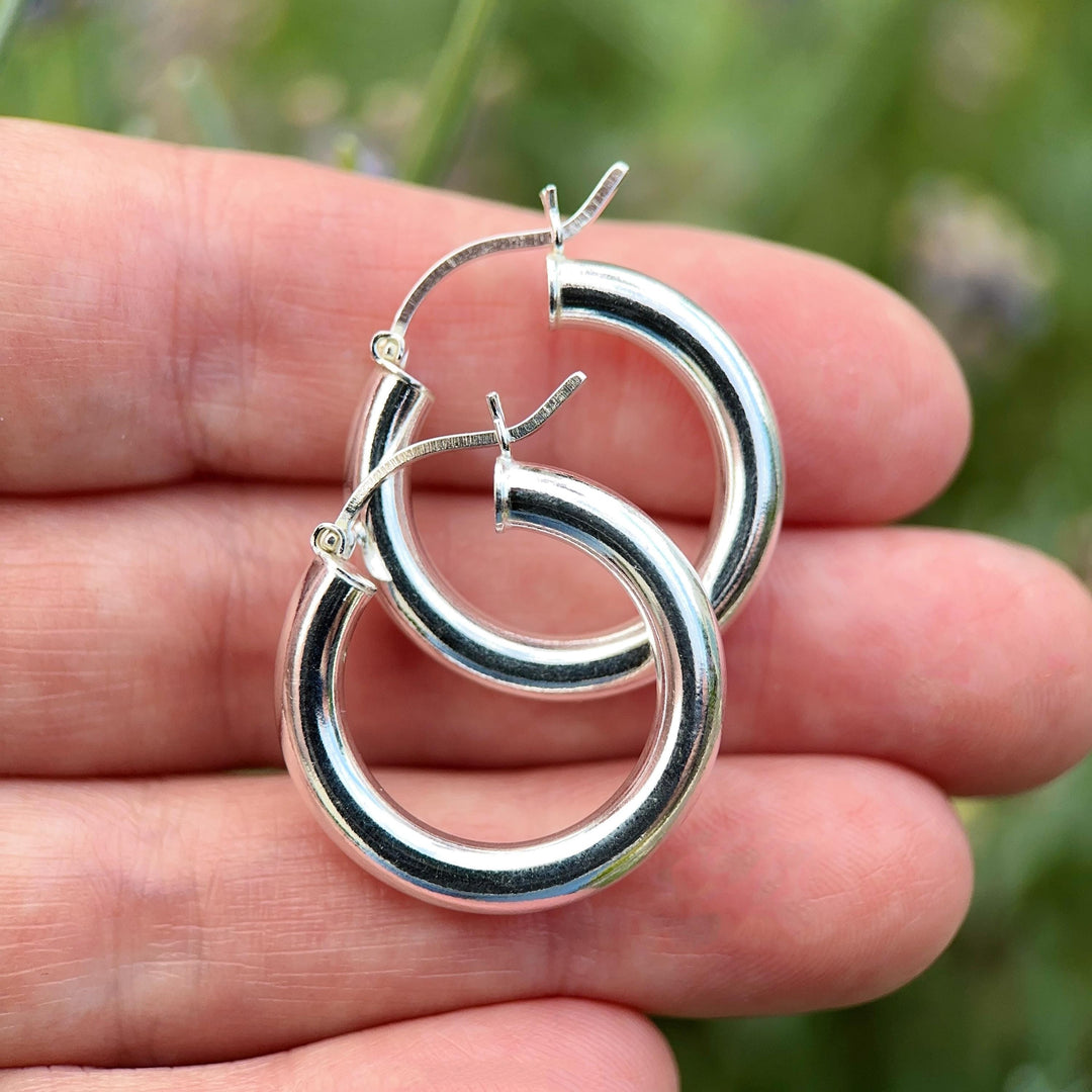 Sterling Silver Hoop Earrings 25mm - Thick Silver Filled Hoops, Bold Lightweight Hinged Hoop Earrings, Everyday Statement Earrings - SunlightSilver