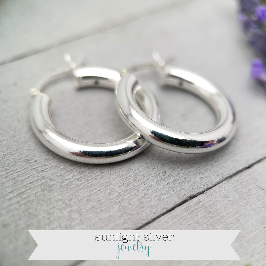 Sterling Silver Hoop Earrings 25mm - Thick Silver Filled Hoops, Bold Lightweight Hinged Hoop Earrings, Everyday Statement Earrings - SunlightSilver