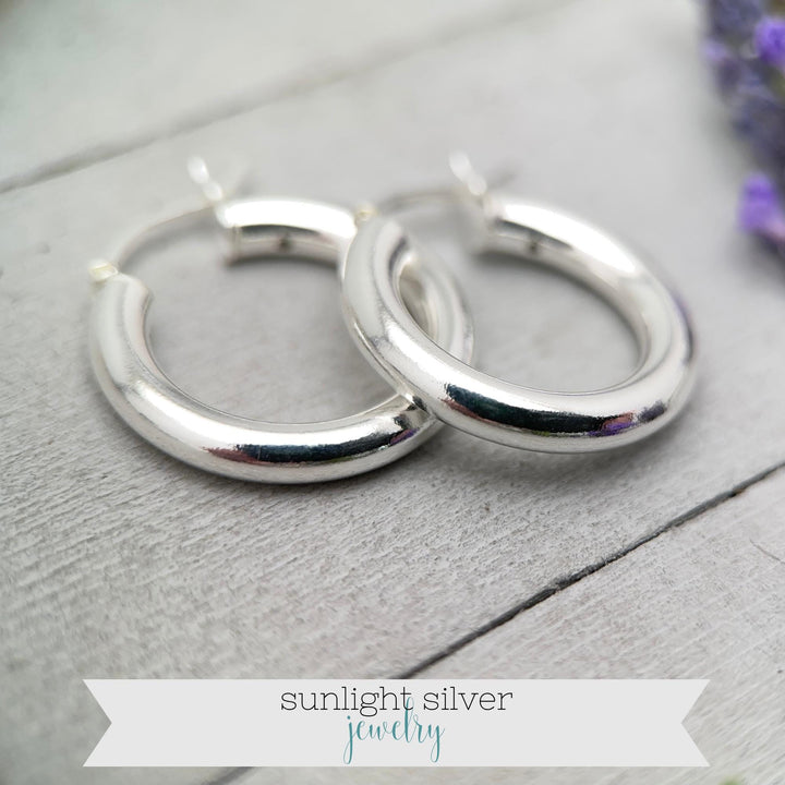 Sterling Silver Hoop Earrings 25mm - Thick Silver Filled Hoops, Bold Lightweight Hinged Hoop Earrings, Everyday Statement Earrings - SunlightSilver