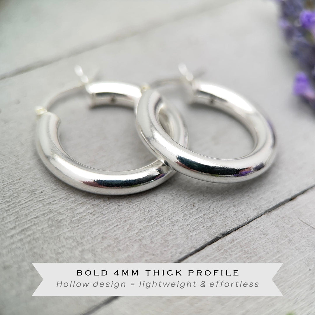 Sterling Silver Hoop Earrings 25mm - Thick Silver Filled Hoops, Bold Lightweight Hinged Hoop Earrings, Everyday Statement Earrings - SunlightSilver