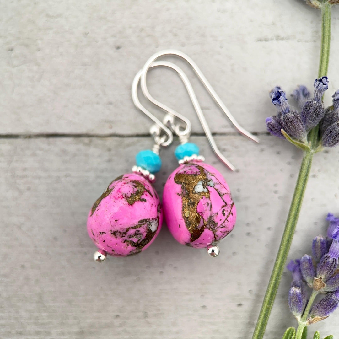 Hot Pink Dahlia Turquoise Earrings | Sterling Silver | Kingman Mohave Spiny Oyster Shell Turquoise Jewelry - SunlightSilver