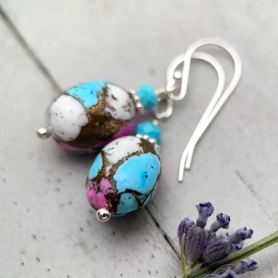 Hot Pink Dahlia Turquoise Earrings | Sterling Silver | Kingman Mohave Spiny Oyster Shell Turquoise Jewelry - SunlightSilver