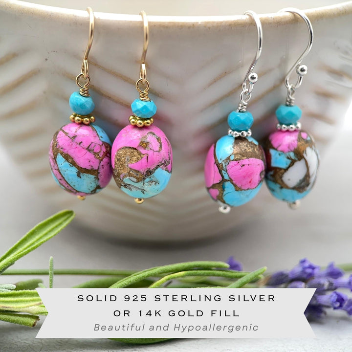 Hot Pink Dahlia Turquoise Earrings | Sterling Silver | Kingman Mohave Spiny Oyster Shell Turquoise Jewelry - SunlightSilver