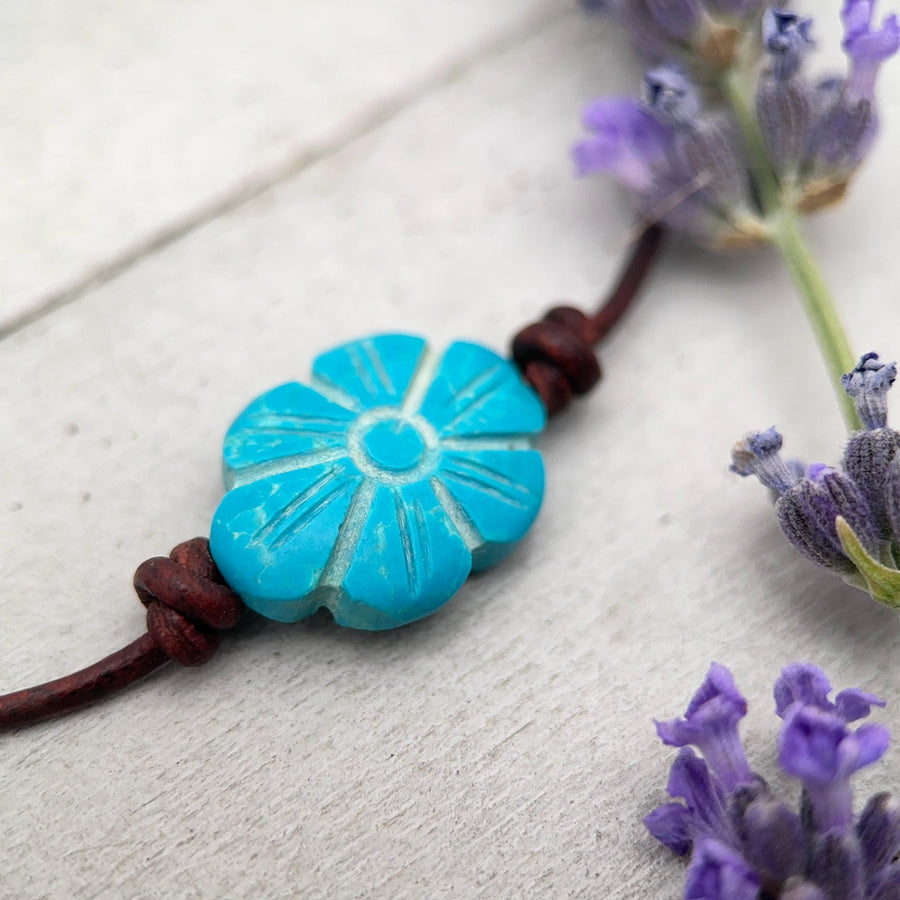 Turquoise Blue Flower Necklace - Carved Egyptian Faience Flower Pendant, Artisan Leather Jewelry, Ancient Egyptian Inspired Gift - SunlightSilver