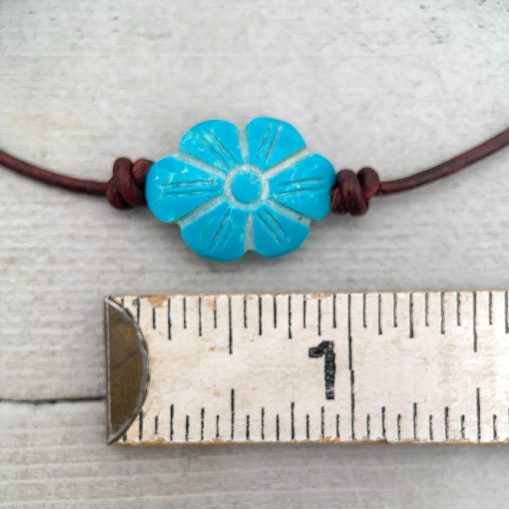 Turquoise Blue Flower Necklace - Carved Egyptian Faience Flower Pendant, Artisan Leather Jewelry, Ancient Egyptian Inspired Gift - SunlightSilver