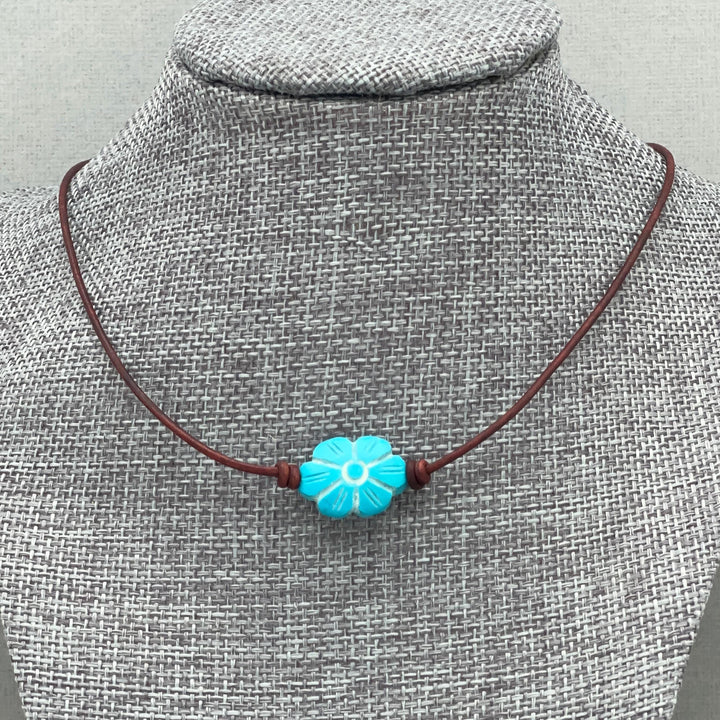 Turquoise Blue Flower Necklace - Carved Egyptian Faience Flower Pendant, Artisan Leather Jewelry, Ancient Egyptian Inspired Gift - SunlightSilver