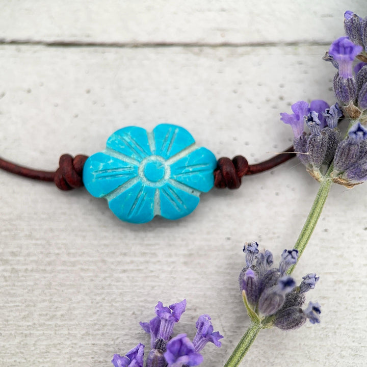 Turquoise Blue Flower Necklace - Carved Egyptian Faience Flower Pendant, Artisan Leather Jewelry, Ancient Egyptian Inspired Gift - SunlightSilver