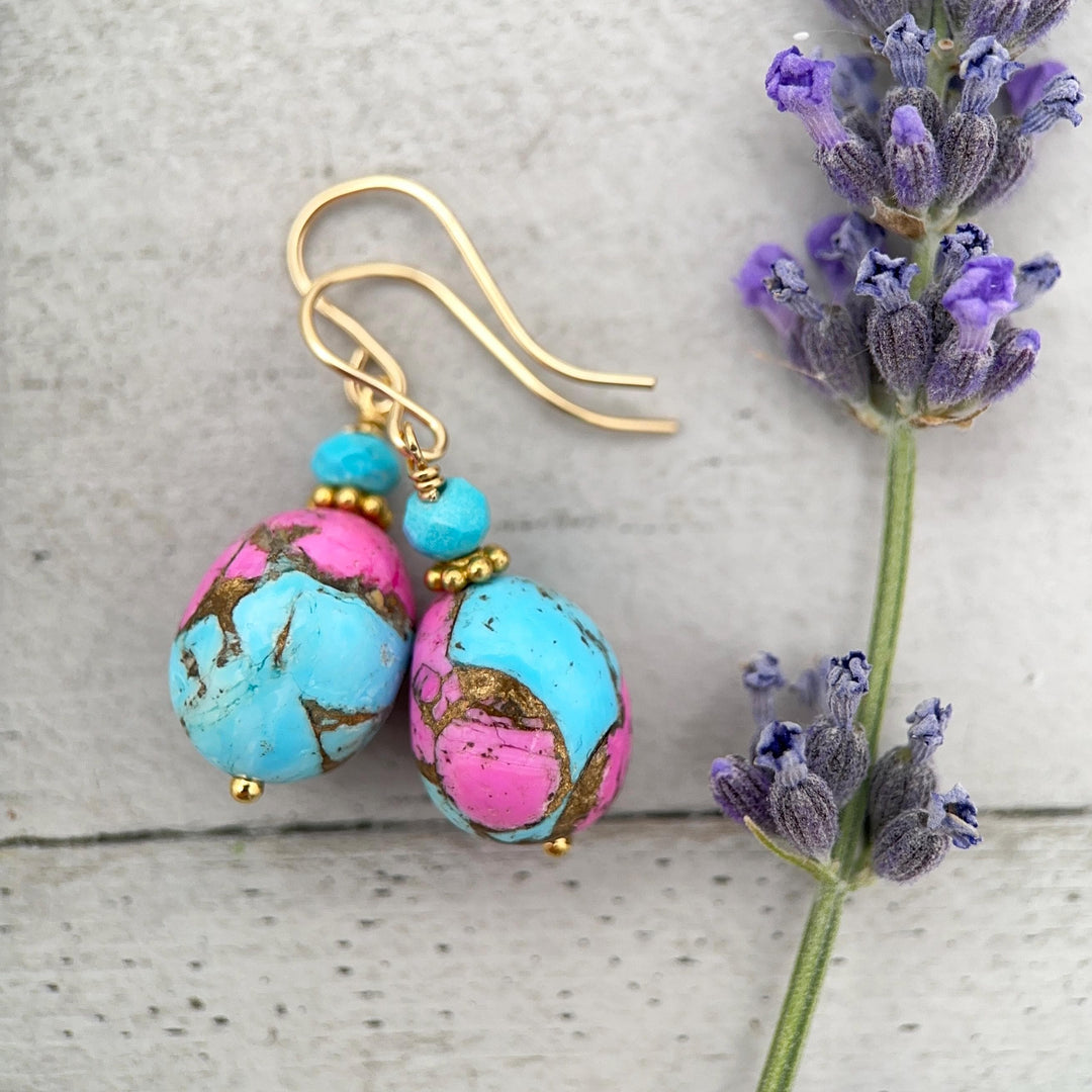 Hot Pink Dahlia Turquoise Earrings | Yellow Gold Fill | Kingman Mohave Spiny Oyster Shell Turquoise Jewelry - SunlightSilver