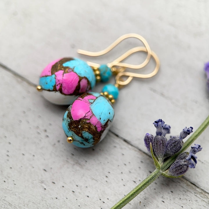 Hot Pink Dahlia Turquoise Earrings | Yellow Gold Fill | Kingman Mohave Spiny Oyster Shell Turquoise Jewelry - SunlightSilver