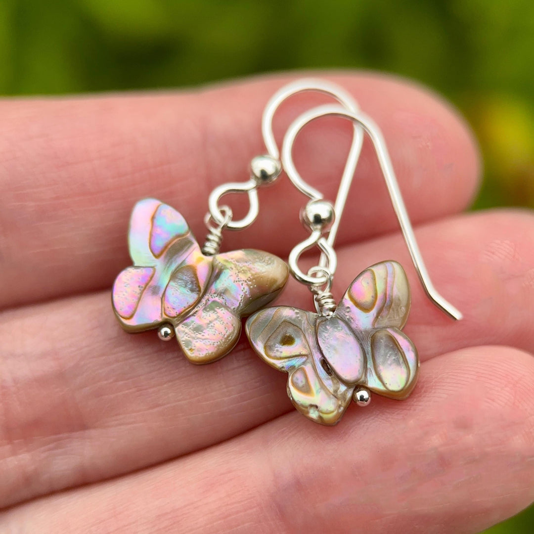Abalone Butterfly Earrings, Sterling Silver & Paua Shell, Nature Inspired Jewelry, Handmade Coastal Gift for Her - SunlightSilver