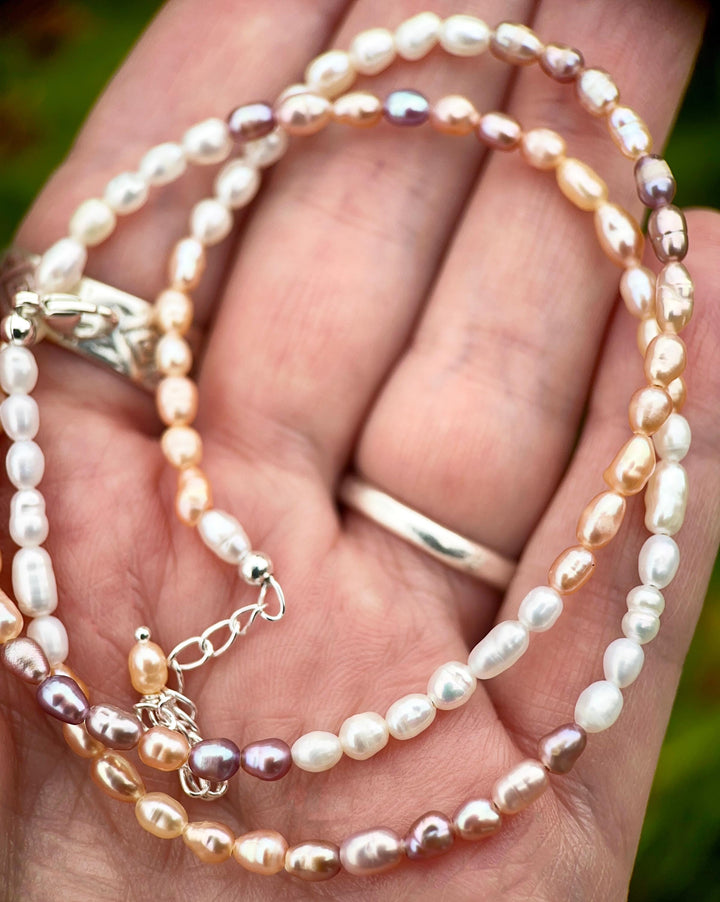Multicolor Freshwater Pearl Necklace - Sterling Silver, Pink Peach White Pearl Jewelry, Baroque Rice Layering Necklace, Gift for Her - SunlightSilver