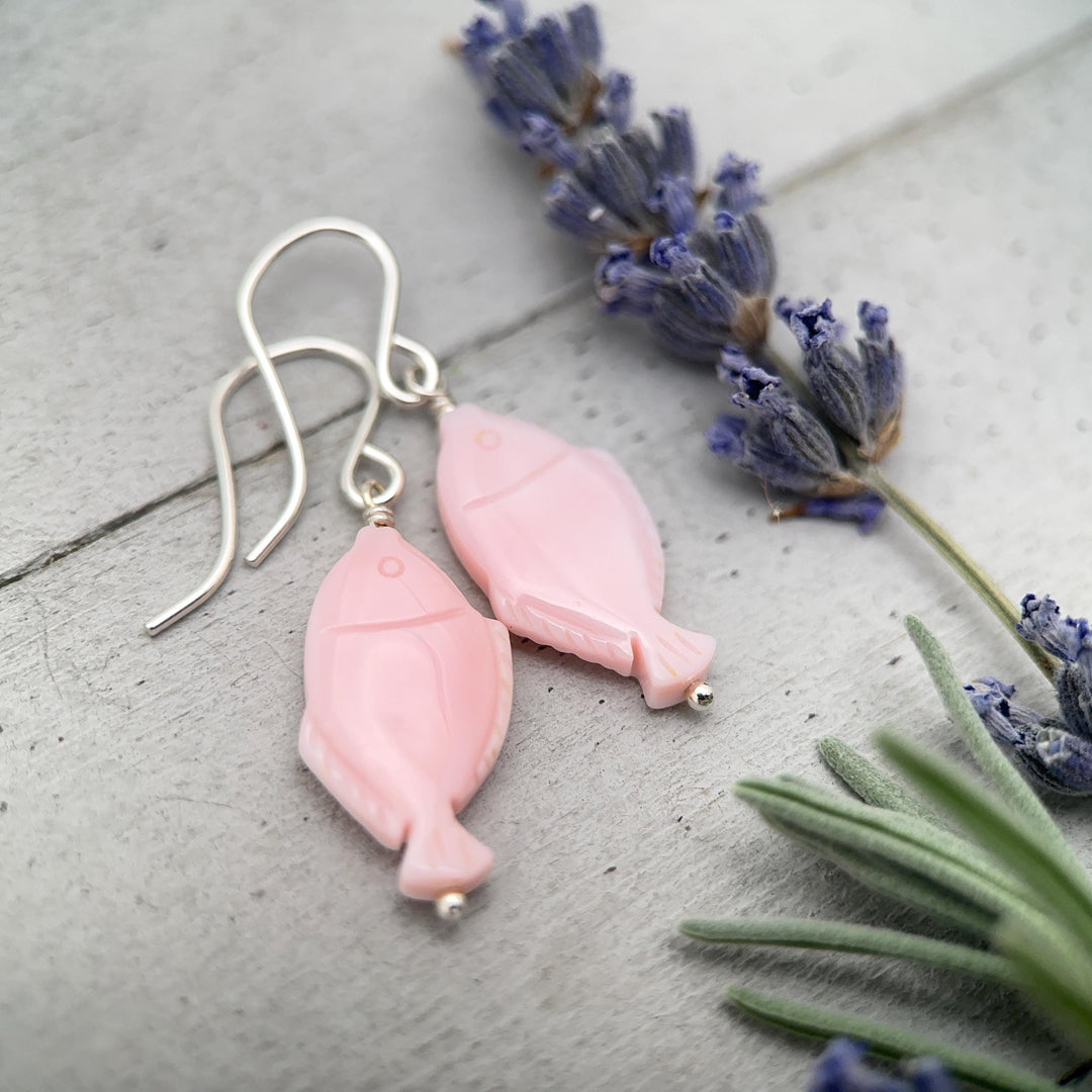 Fish Earrings - Cultured Recycled Faux "Sea Glass" - Rustic Brown Leather - Sterling Silver - Sea Foam Green - Tropical Beach Vibes - SunlightSilver