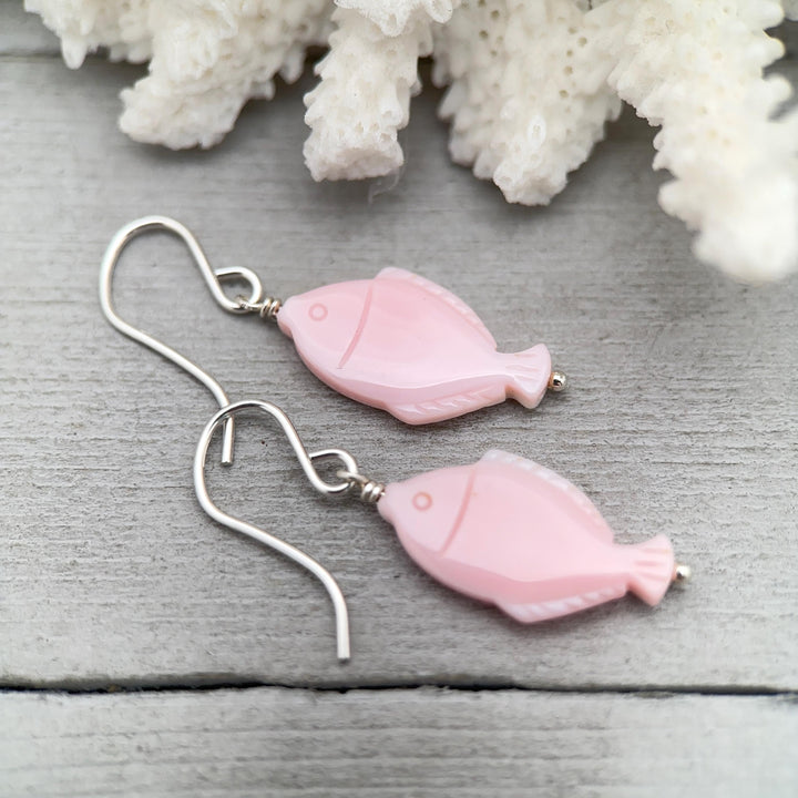 Fish Earrings - Cultured Recycled Faux "Sea Glass" - Rustic Brown Leather - Sterling Silver - Sea Foam Green - Tropical Beach Vibes - SunlightSilver