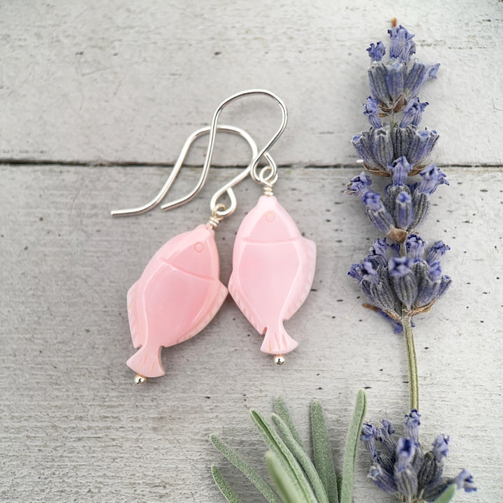 Fish Earrings - Cultured Recycled Faux "Sea Glass" - Rustic Brown Leather - Sterling Silver - Sea Foam Green - Tropical Beach Vibes - SunlightSilver