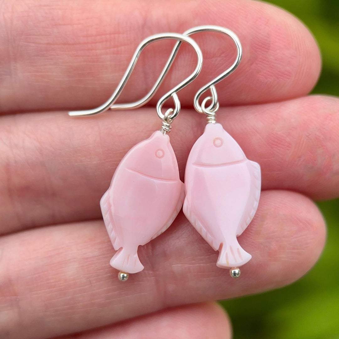 Fish Earrings - Cultured Recycled Faux "Sea Glass" - Rustic Brown Leather - Sterling Silver - Sea Foam Green - Tropical Beach Vibes - SunlightSilver