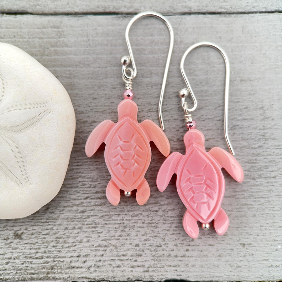 Sea Turtle Earrings - Cultured Recycled Faux "Sea Glass" Tortuga - Solid 925 Sterling Silver - Choose Your Color - Tropical Beach Vibes - SunlightSilver